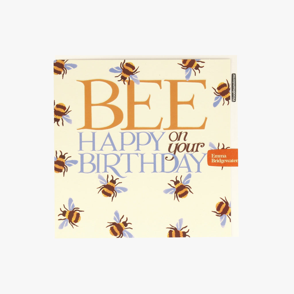 Printed birthday card with yellow bee pattern. With words reading "Bee happy on your birthday". Left blank inside for your own personal message. Perfect for friends, family or a loved one.