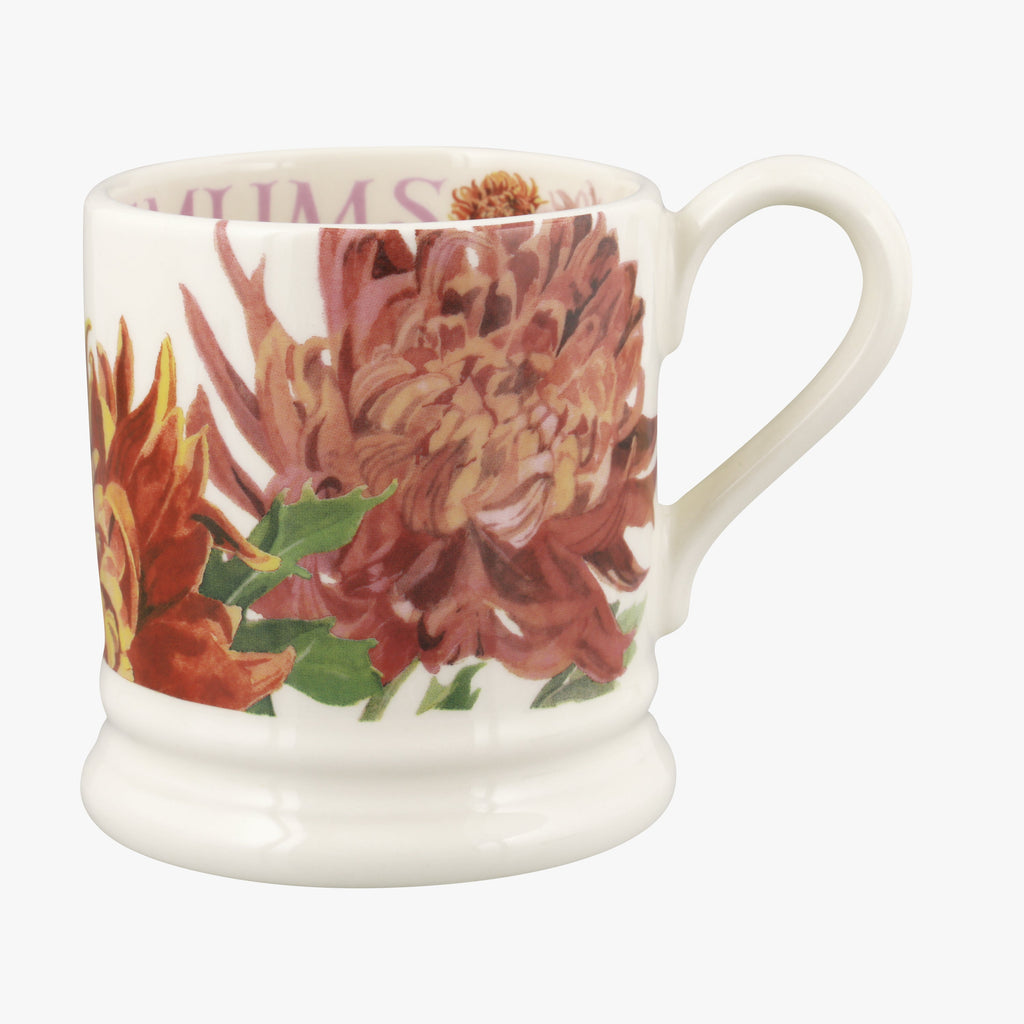 Chrysanthemum 1/2 Pint Mug- red flower mug with pink words on the inside. Beautiful flower hand decorated onto a cream pottery mug - ideal gift for garden lovers, mum, sister, nan or friend.