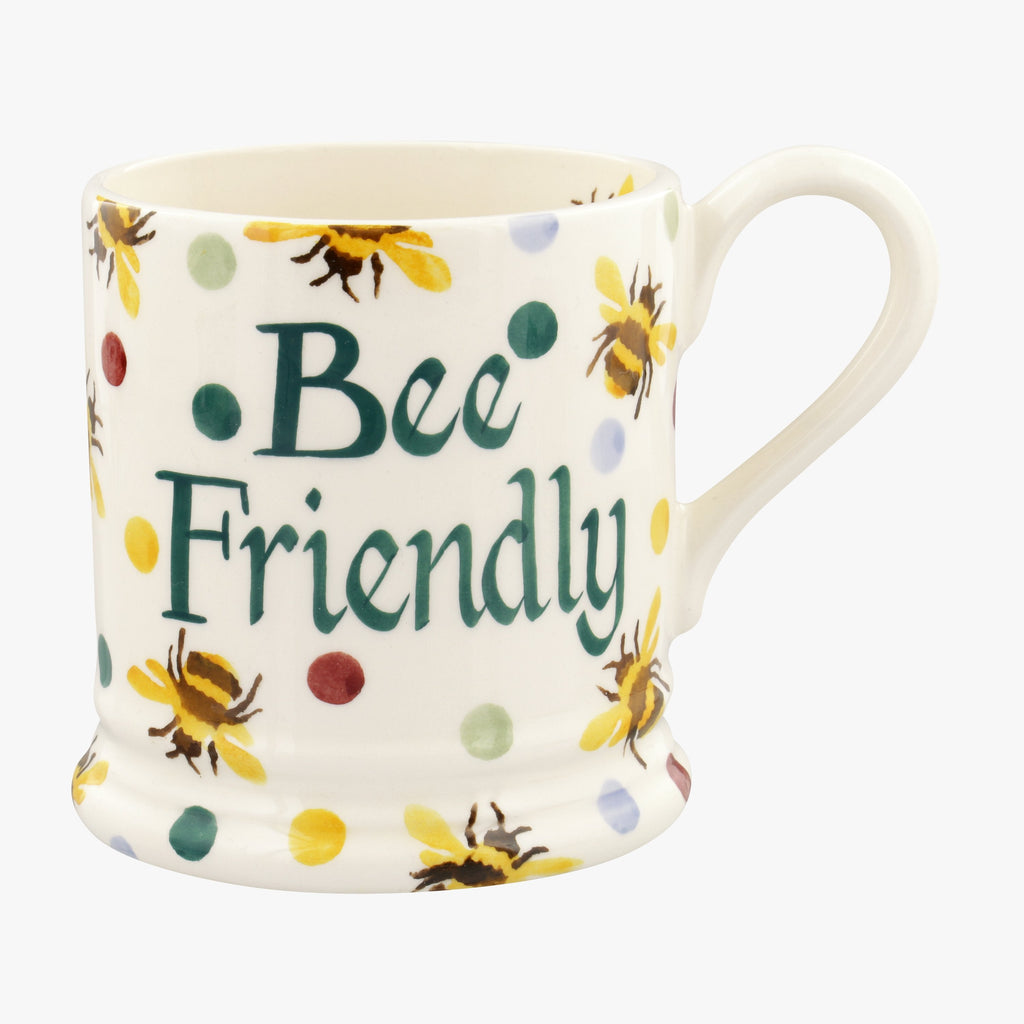 Personalised Bumblebee & Small Polka Dot 1/2 Pint Mug-  Bee Friendly polka dot mug - Bumblebee and colourful polka dot print ceramic pottery mug. With a cream coloured background and green print reading 'Bee Friendly' - ideal birthday or celebration gift for mum, sister, nan or friend.